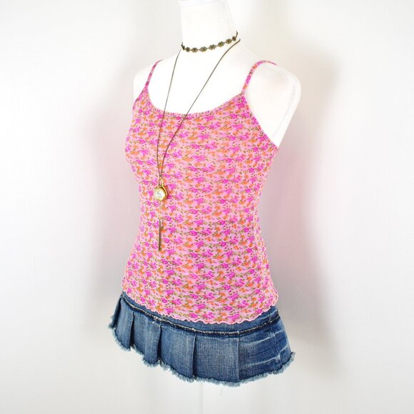 VTG 00s Y2K Newport News Pink Floral Semi Sheer Mesh Lettuce Hem Cami Top Sz 1X - Picture 2 of 6